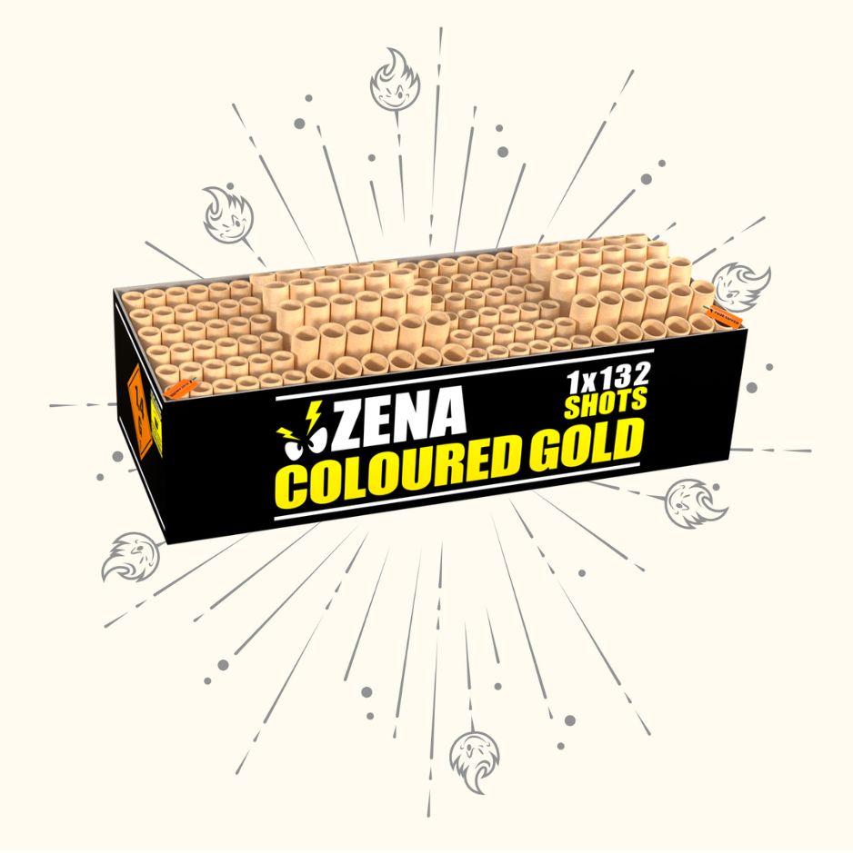 Eine rechteckige schwarze Zena-Dose mit der Aufschrift "Coloured Gold 132sh" zeigt mehrere runde Röhren, illustrierte Funken und Flammensymbole auf einem beigen Hintergrund.