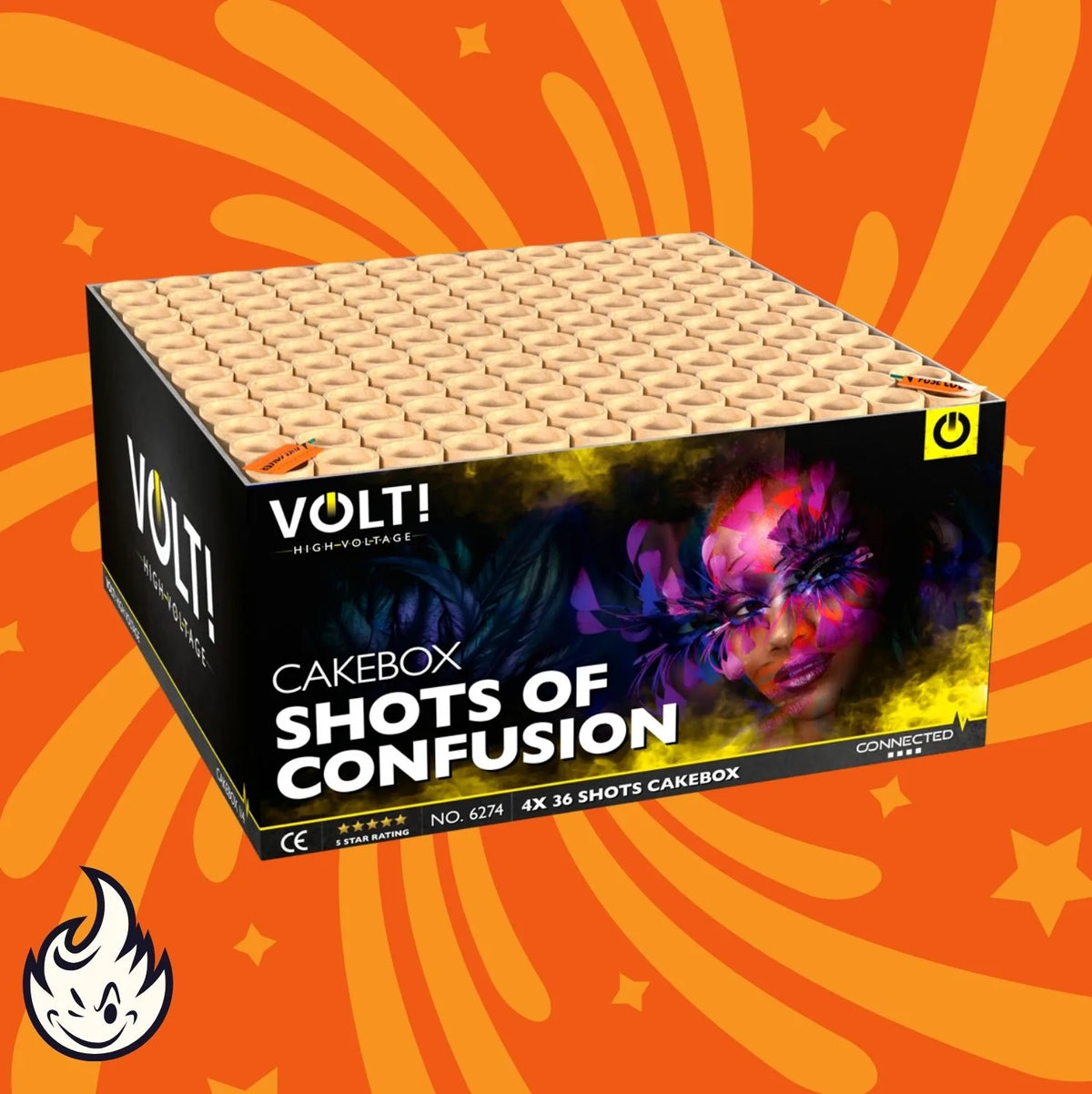 Eine Schachtel von VOLT! Shots of Confusion von VOLT! ruht auf einem orangefarbenen Hintergrund mit gelben Wirbelmustern, zeigt ein lebendiges, abstraktes Frauengesicht und enthält einen 144-schüssigen Feuerwerkskuchen.