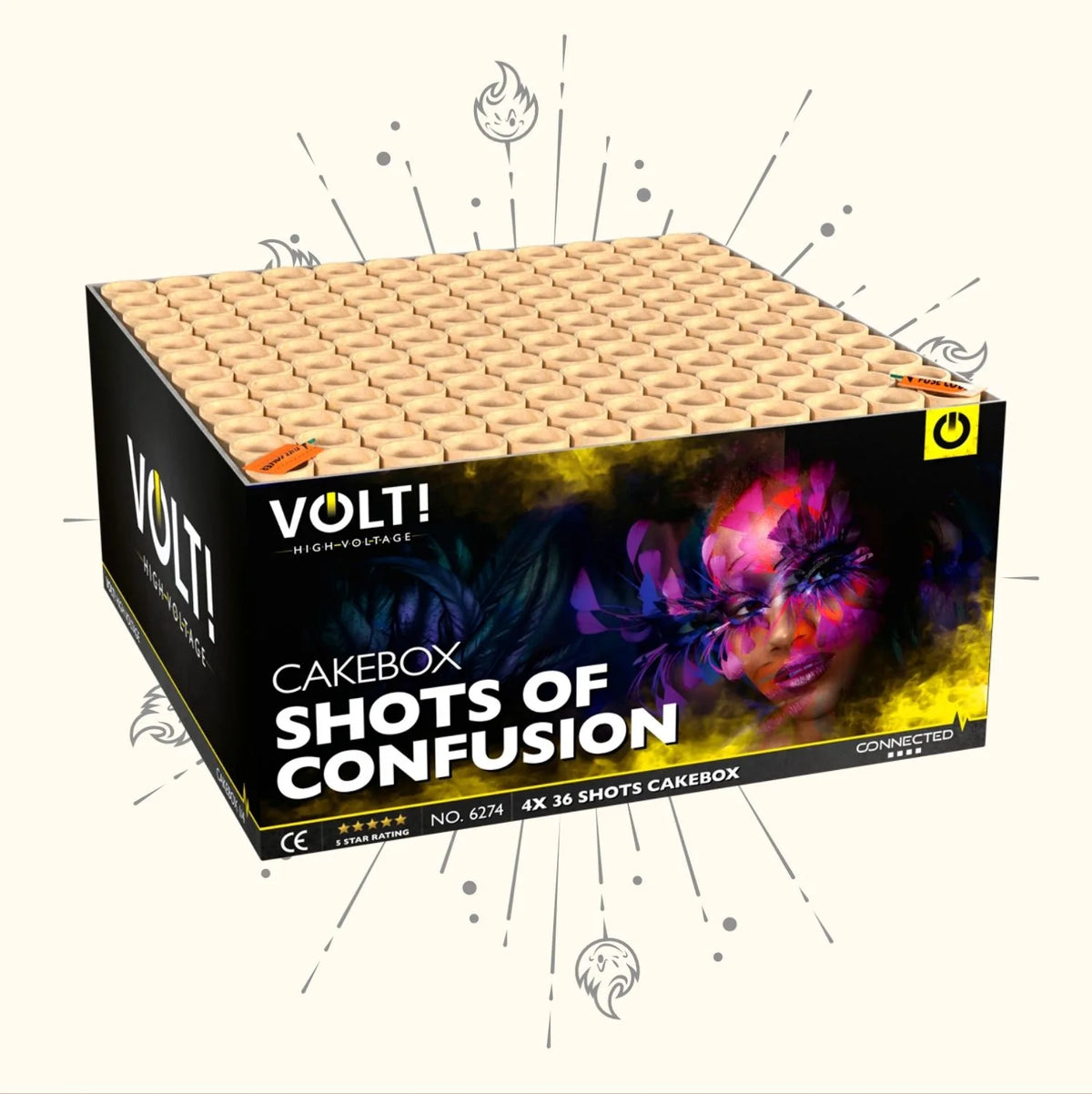 Der VOLT! Shots of Confusion, ein 144-schüssiger Feuerwerksverbund von VOLT!, bietet ein farbenfrohes Artwork eines Frauengesichts mit Federn und lebendigen Lichteffekten auf einem weißen Hintergrund mit illustrierten Funken für ein episches Feuerwerkserlebnis.