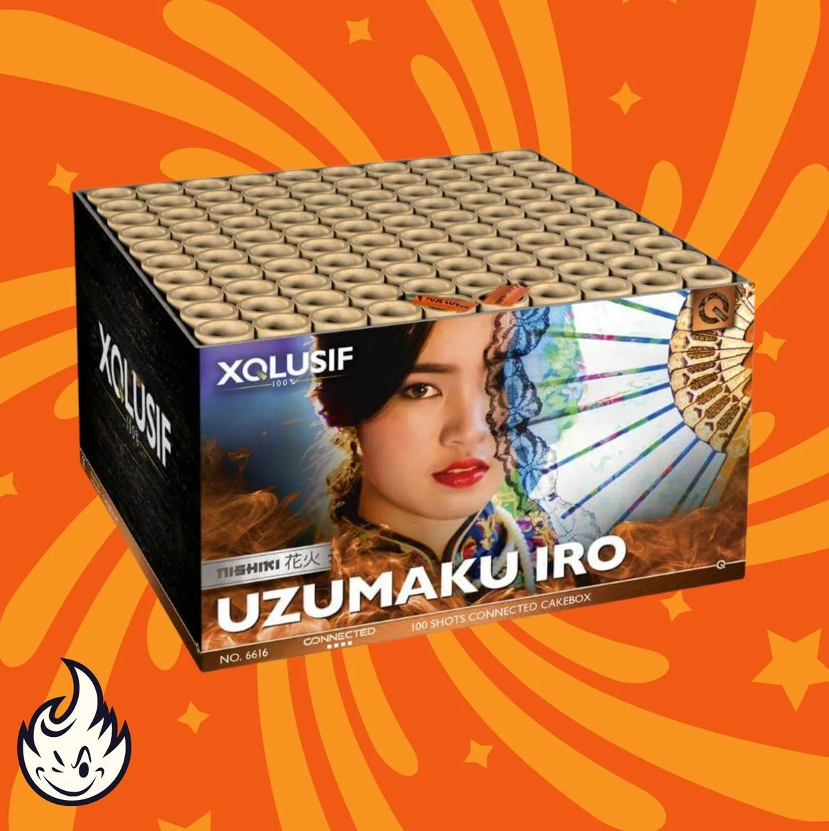 Eine Schachtel mit VOLT! XQLUSIF Uzumaku Iro 100sh Feuerwerk zeigt ein Frauengesicht, einen traditionellen Fächer und leuchtende Farben auf einem orangefarbenen Hintergrund mit wirbelnden Mustern und Nishiki-Camuro-Effekt.