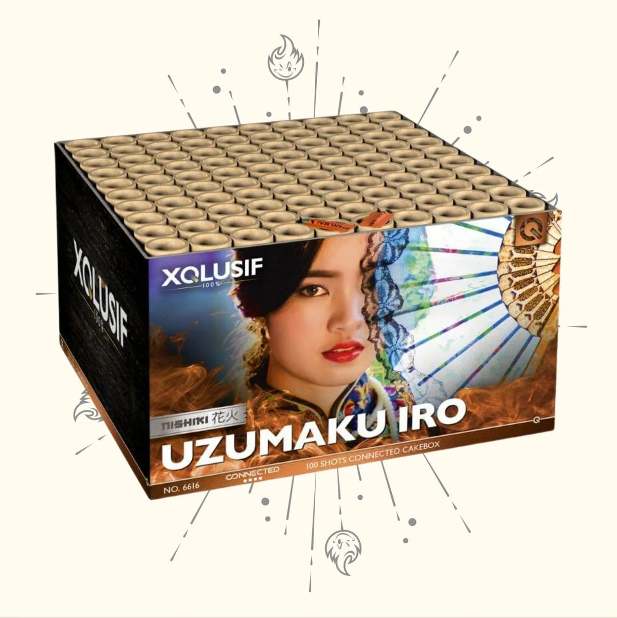 Die XQLUSIF Uzumaku Iro 100sh von VOLT! ist eine 100-schüssige XXL Verbundfeuerwerk-Cakebox mit einem halben Frauengesicht, einem bunten Regenschirm und Nishiki-Camuro-Effekten.
