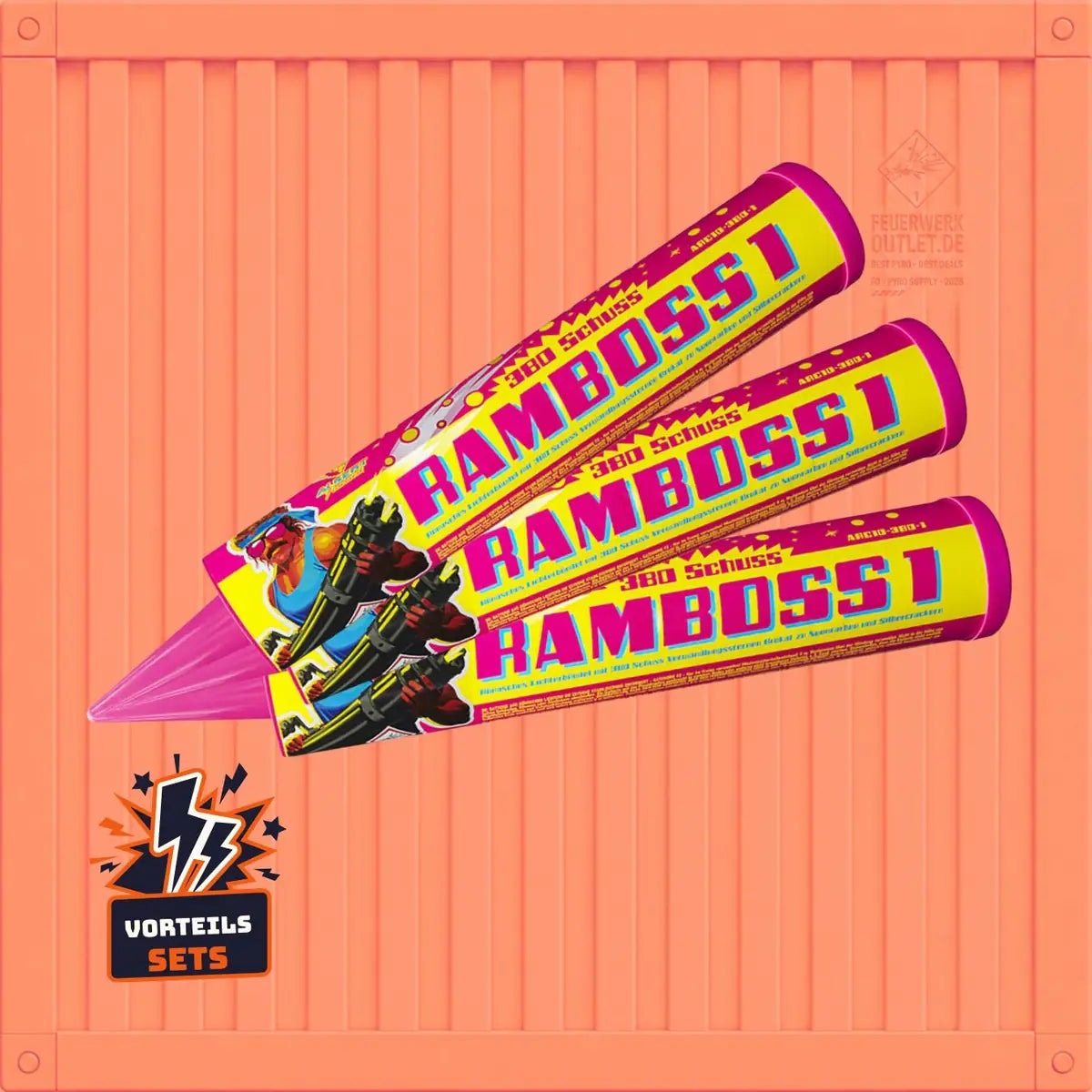 Drei bunte „Vorteilsset Albert Ramboss 1 – 3er-Pack 💰“-Raketen von Albert mit violetten Spitzen und leuchtend gelben, rosa und blauen Hüllen sind diagonal auf orangefarbenem Hintergrund angeordnet, in der Ecke befindet sich ein „Vorteilssets“-Symbol.