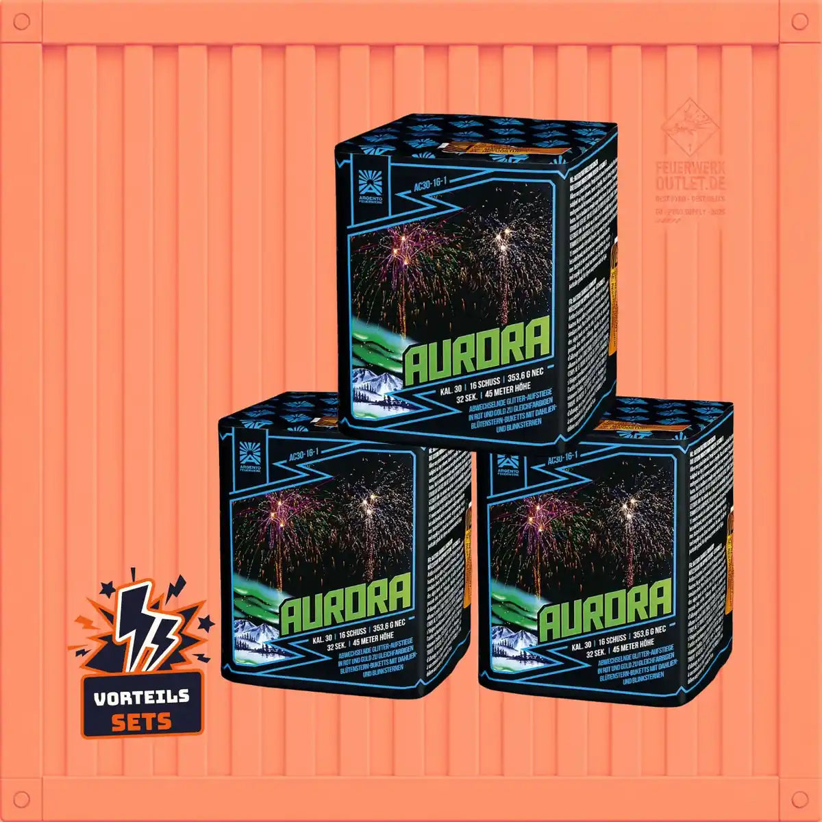 Drei Schachteln des „Vorteilsset Argento Aurora – 3er-Pack“ von Argento sind vor einem orangefarbenen Hintergrund mit vertikalen Streifen zu einer Pyramide gestapelt; in der unteren linken Ecke ist ein „Vorteilsset“-Symbol zu sehen.
