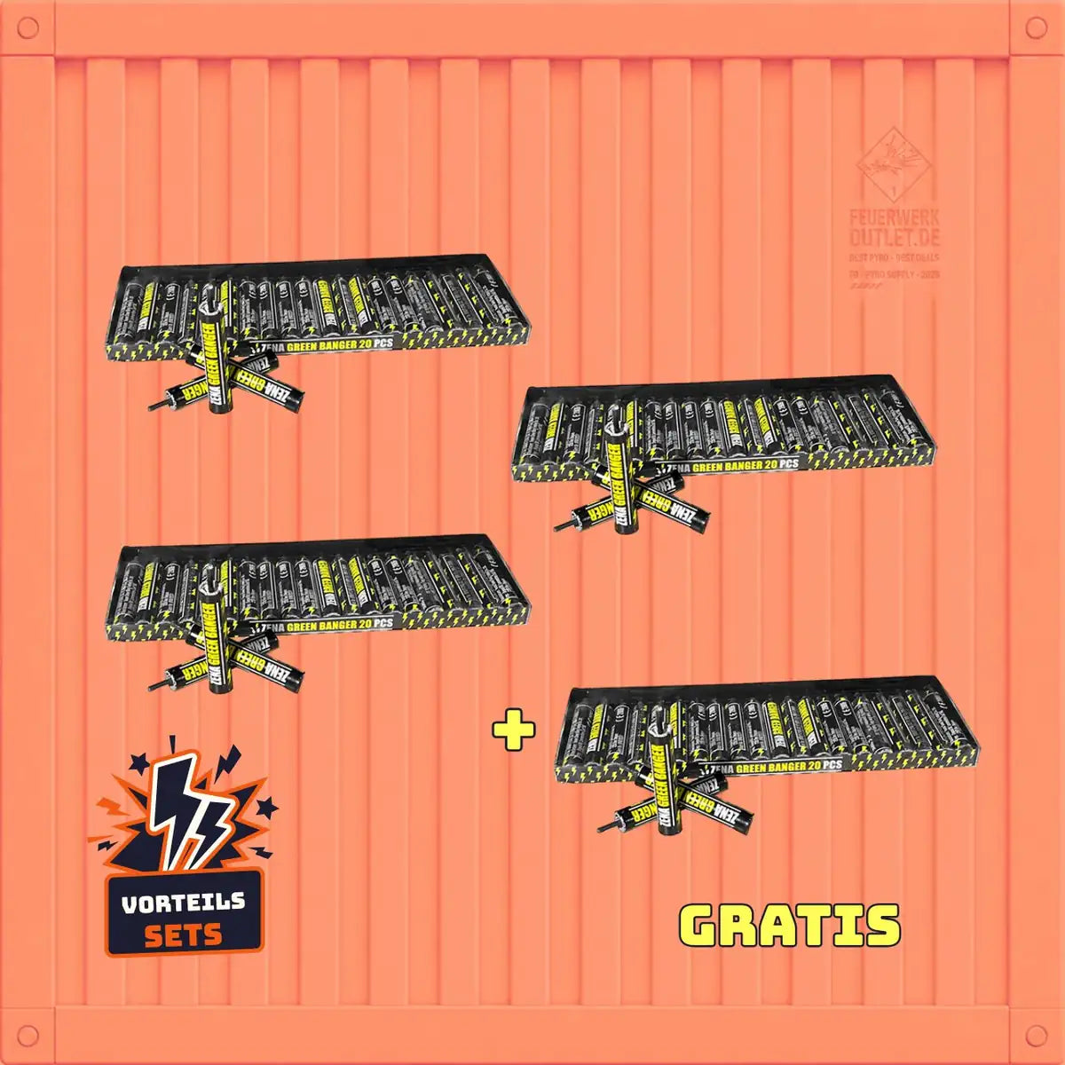 Vier Zena-Vorteilssets „Zena Green Flash-Banger“ – 3 + 1 Gratis-Feuerwerkskörper – sind auf orangefarbenem Hintergrund abgebildet: drei in einer Gruppe und einer mit der Aufschrift „GRATIS“. Auf einem Abzeichen in Form eines Blitzes steht „Vorteilssets“.