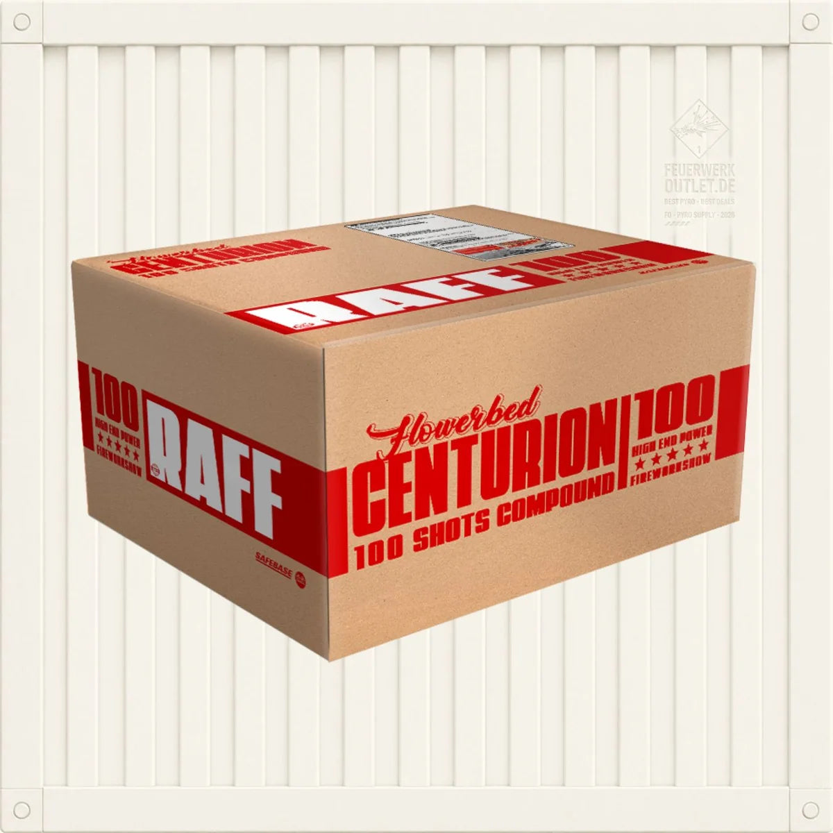 Kartonverpackung mit Wolff RAFF Centurion-Feuerwerkskörpern, beschriftet mit „RAFF“ und „CENTURION 100 SHOTS COMPOUND“.