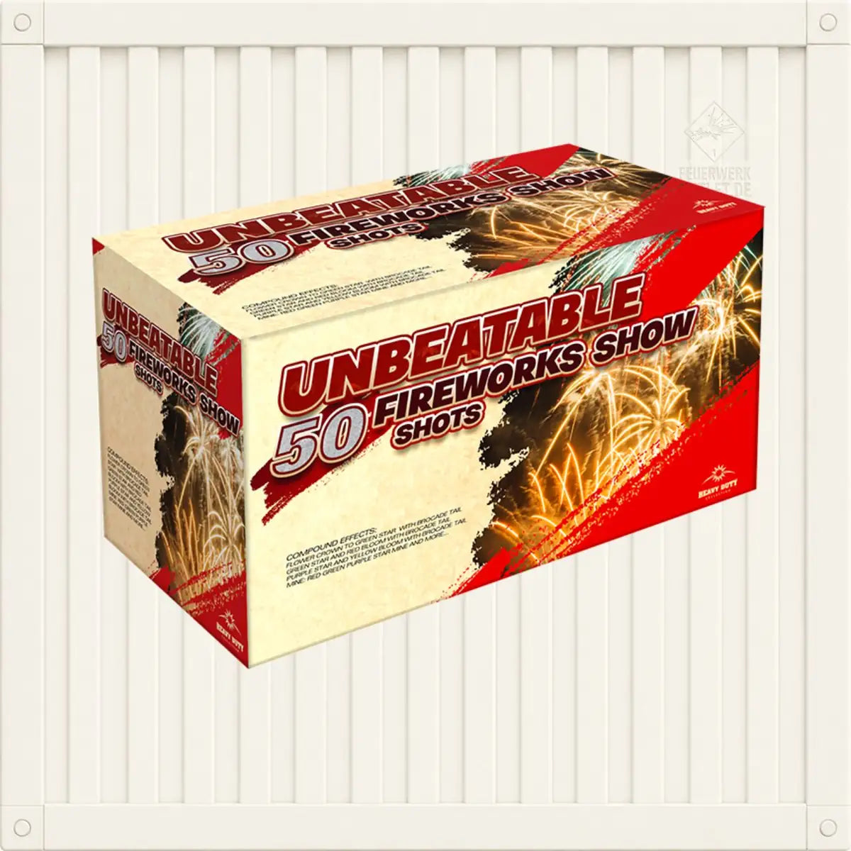 Rechteckige Schachtel mit „Wolff Unbeatable“-Feuerwerkskörpern, verziert mit einer Grafik aus goldenen Explosionen vor rotem Hintergrund und der Aufschrift „Unbeatable 50 Fireworks Show“.