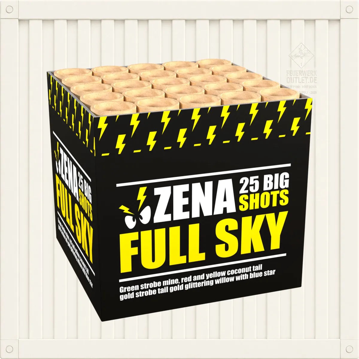 Eine schwarz-gelbe Schachtel der Marke Zena mit der Aufschrift „Zena Full Sky“, verziert mit Blitzmotiven und einem Blick auf das darin enthaltene Feuerwerk. Die Produktbeschreibung hebt diese beeindruckende Feuerwerksbatterie mit farbenfrohen Stroboskop- und Glitzereffekten hervor, darunter brillante Palmen-Effekte (Palmeneffekt) und schimmernde Glitzerweiden-Effekte (Glitzerweiden).