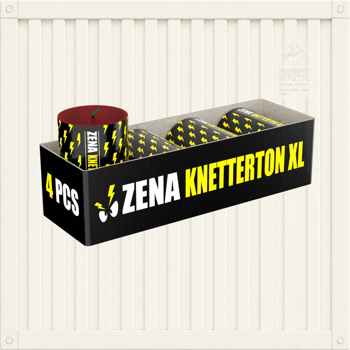 Eine Schachtel mit 4 „Zena Knetterton XL“-Knisterfontänen von Zena, jeweils in einer gelben Verpackung mit Blitzmotiv und einer beeindruckenden Brenndauer von 5 Minuten, präsentiert vor einem weiß gestreiften Hintergrund.