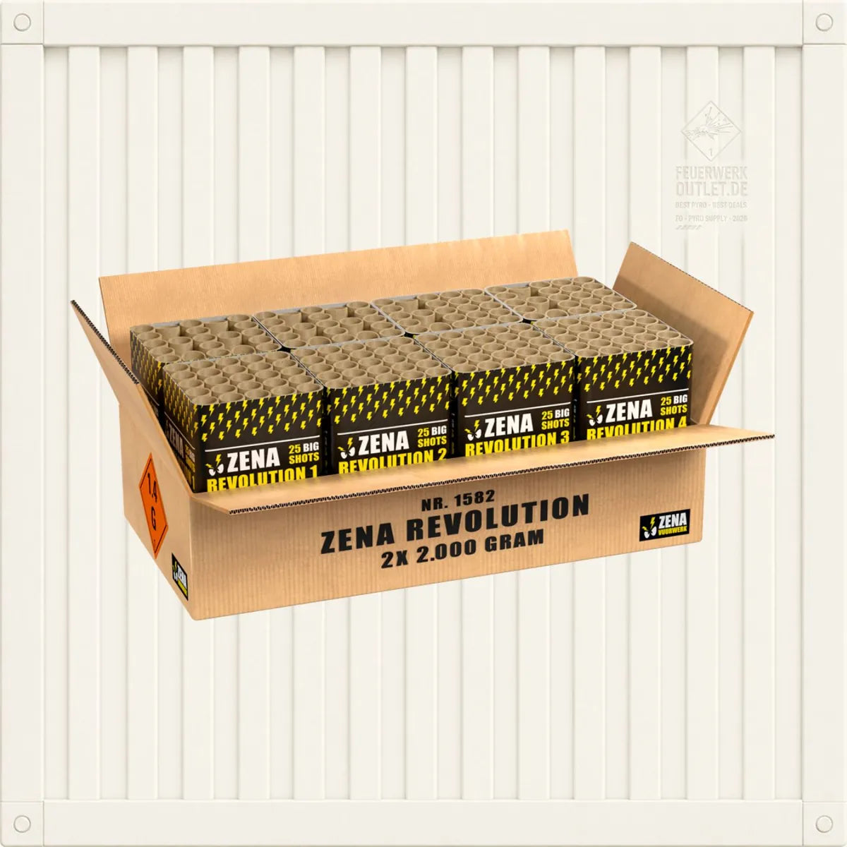 Ein offener Karton mit der Aufschrift „Zena Revolution Showbox“ von Zena zeigt mehrere Reihen von Feuerwerkskörpern vor einem weißen, vertikal gestreiften Hintergrund.