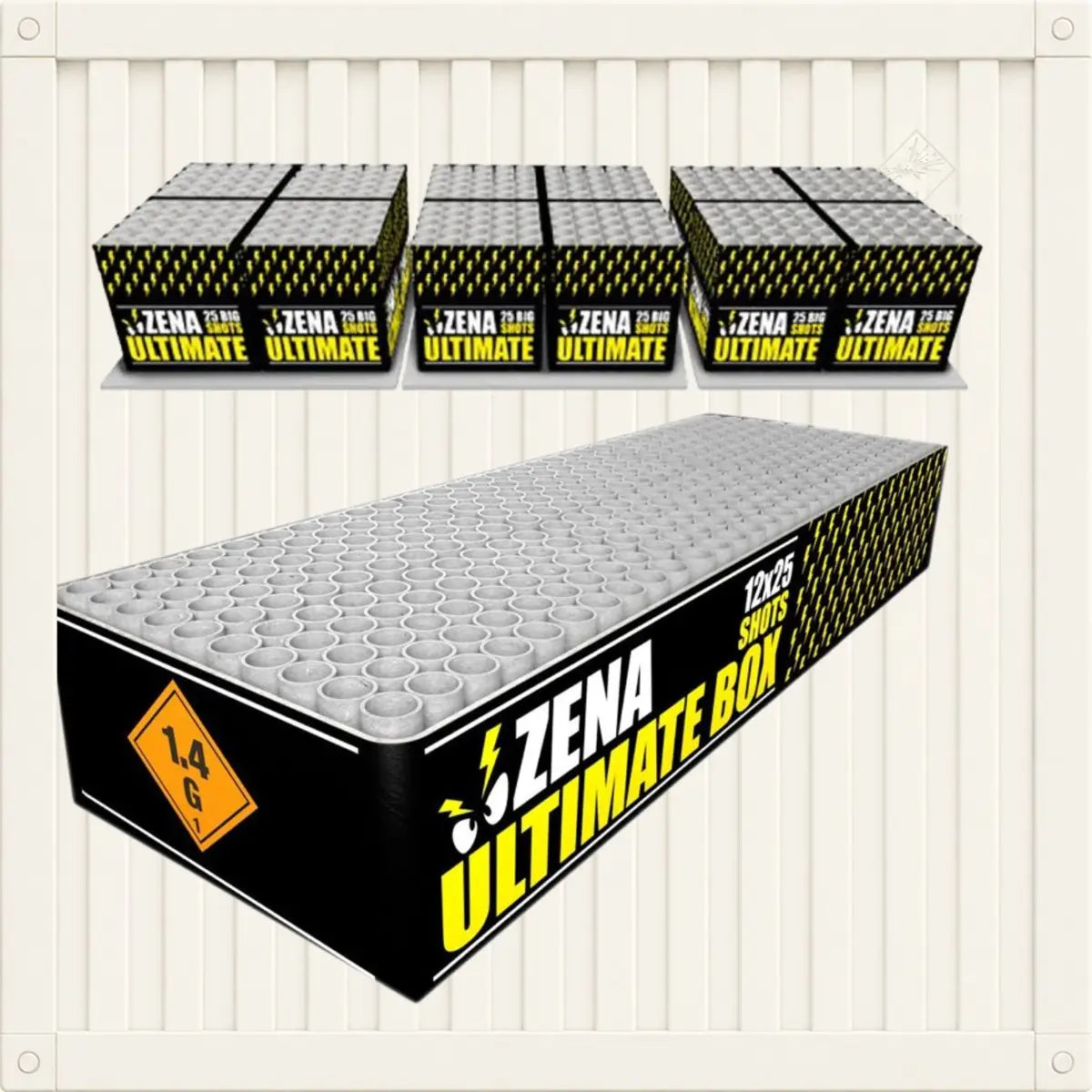 Eine große, rechteckige Schachtel mit der Aufschrift „Zena Ultimate Box A|B|C Showbox“ der Marke Zena – ein hochwertiges Verbundfeuerwerk mit 240 Abschussrohren – wird mehrfach aus verschiedenen Blickwinkeln vor einem weißen Hintergrund gezeigt; ideal für beeindruckende Silvester-Feuerwerksshows.