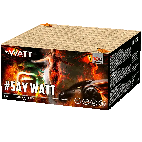 Der VOLT! Say Watt #WATT von VOLT! ist ein Verbundfeuerwerkskasten mit feurigen Grafiken und einem Auto, mit "100 Schuss", CE-Zertifizierung, 40m Reichweite, 35s Dauer, 25mm Kaliber und atemberaubenden Feuerwerkseffekten.