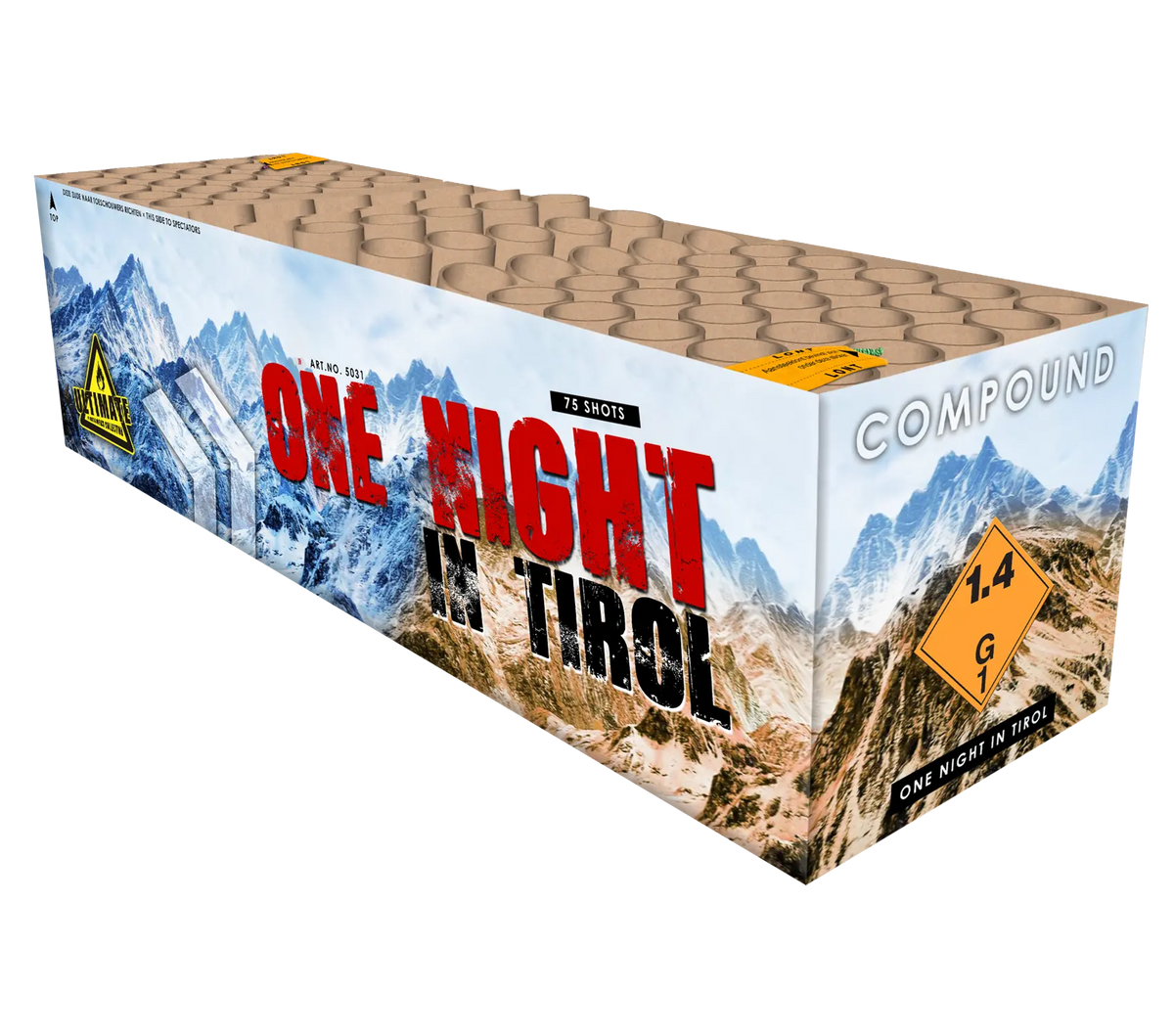 Eine rechteckige Verbundfeuerwerk-Dose mit der Aufschrift "One Night in Tirol Fan" von Katan, mit Berglandschaft, 75 Schuss, einem 1,4G-Warnsymbol und Reihen von sichtbaren Tirol Feuerwerk-Röhren auf der Oberseite.