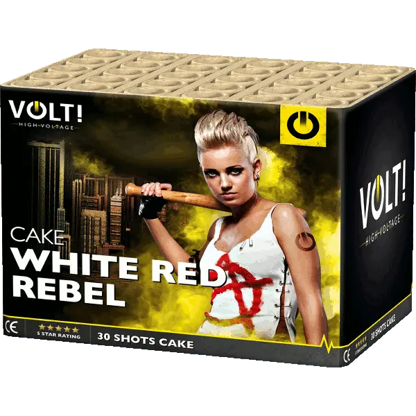 Eine Schachtel mit VOLT! White Red Rebel Feuerwerk zeigt eine Frau mit kurzen blonden Haaren, eine Fledermaus, ein weißes Outfit mit roter Farbe, eine Stadt-Skyline-Grafik und hebt "30 Schüsse Kuchen" plus Massiv-Blinker-Effekte hervor. Marke: VOLT!.