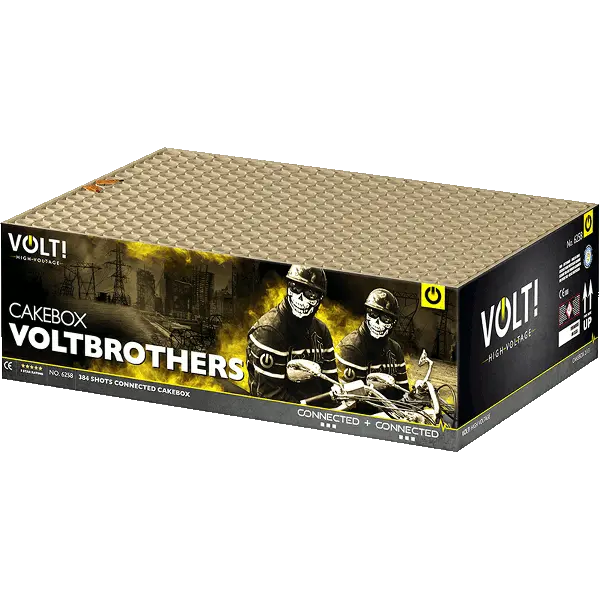 Rechteckige Feuerwerk-Box mit der Aufschrift "COMBIDEAL #2 Voltbrothers VOLT! + Mixed Emotions Katan" von VOLT!, mit zwei Skeletten in Schutzhelmen vor einem industriellen Hintergrund. Schwarz und gelb, Kategorie F, Gefahrengutklasse 1.4G.