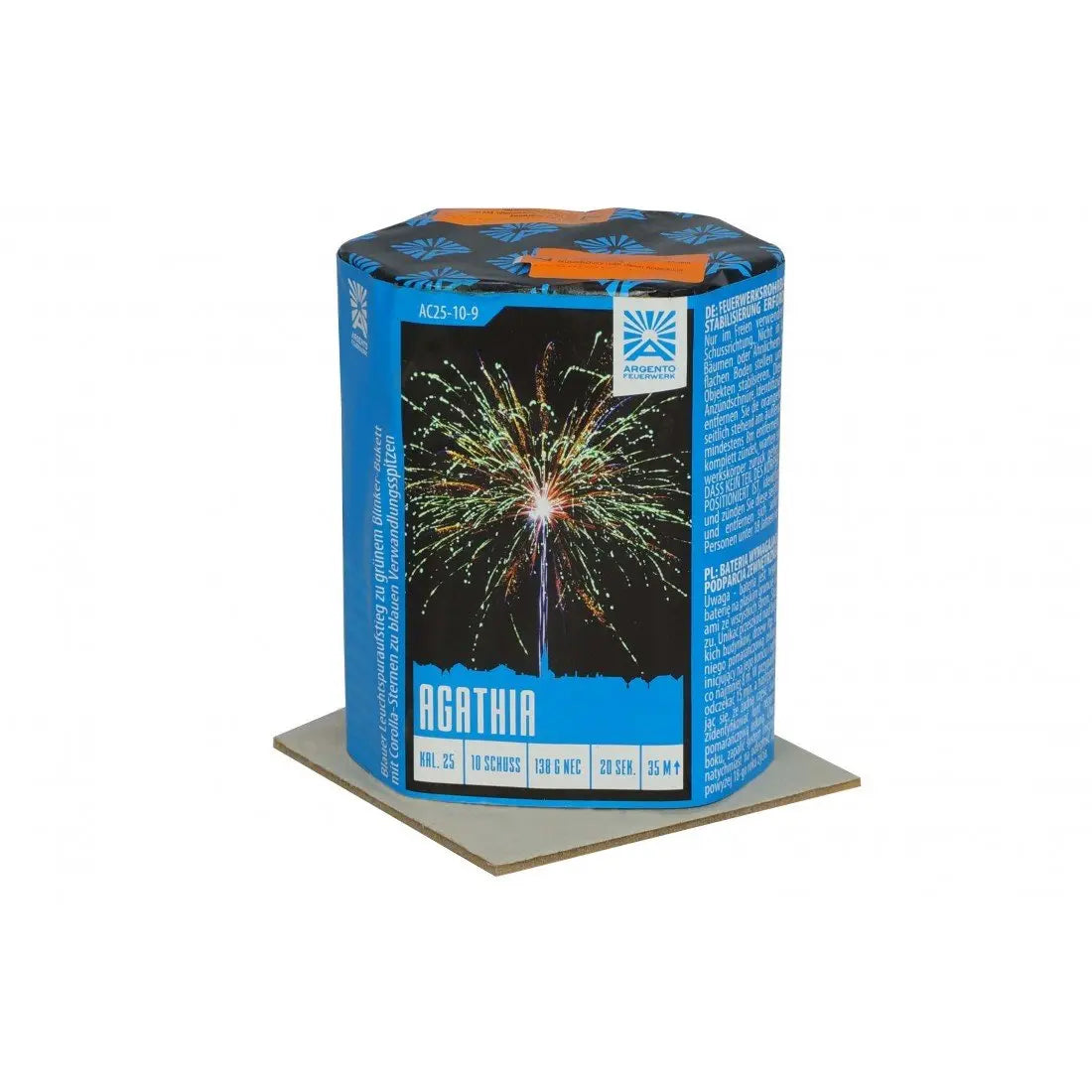 Ein zylindrischer blauer Feuerwerkskörper von Argento mit dem Namen "Argento Agathia" steht auf einem quadratischen Sockel. Sein Etikett, das die elegante Funktionalität von Argento widerspiegelt, zeigt ein buntes Feuerwerk am Nachthimmel mit Sicherheitshinweisen an der Seite.