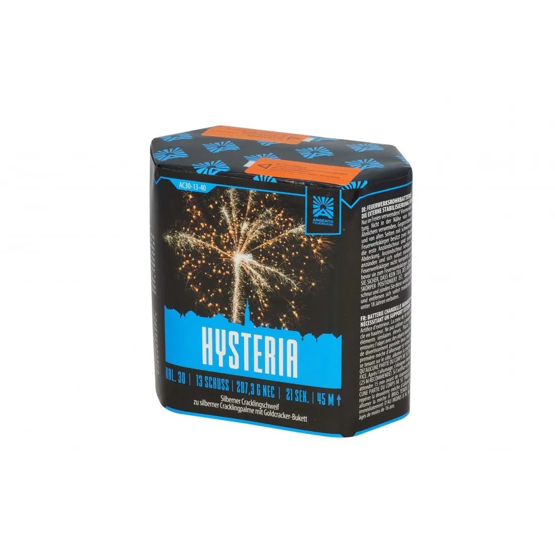 Die Argento Hysteria Feuerwerksbox von Argento zeigt ein goldenes Feuerwerk auf einer eleganten schwarzen Verpackung mit Produktdetails an den Seiten - für außergewöhnliche Leistungen auf jeder Feier.